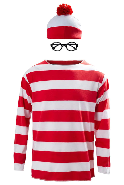 Ubaywey Adult Red and White Striped Shirt Outfit Halloween Cosplay Costume Shirt Hat Glasses Suits (Red Medium)