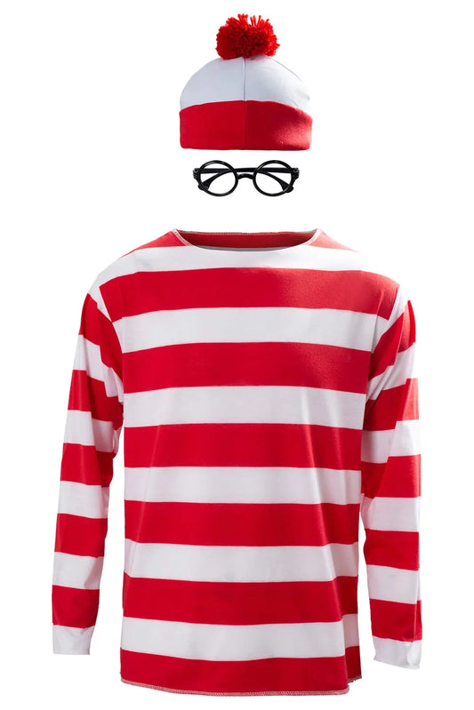 Ubaywey Adult Red and White Striped Shirt Outfit Halloween Cosplay Costume Shirt Hat Glasses Suits (Red Medium)