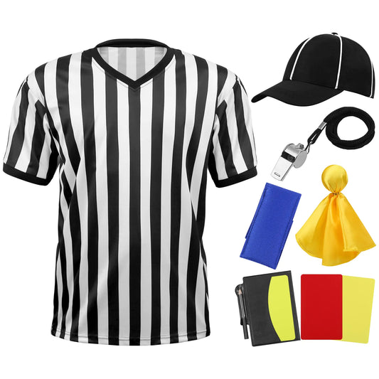 SOMSOC 6 Pieces Mens Official Referee Costume Set Black and White Striped Pro-Style V-Neck Referee Shirt Referee Cards Hat Penalty Flag Sandbag Whistle with Lanyard for Basketball Football Soccer